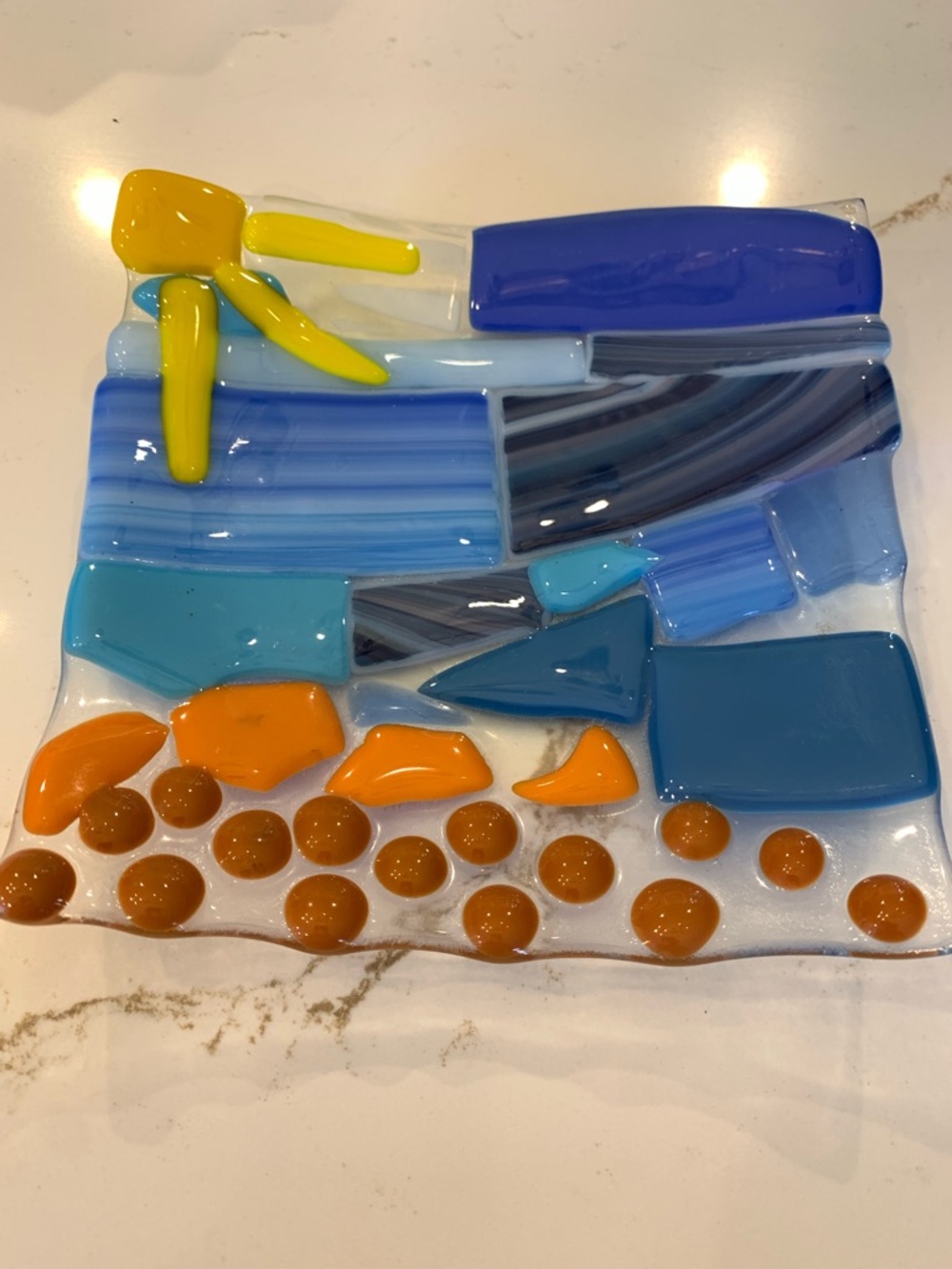 Trinket Dish Decor Fused Square Art Glass Colorful Sunshine Trivet Tile 6”